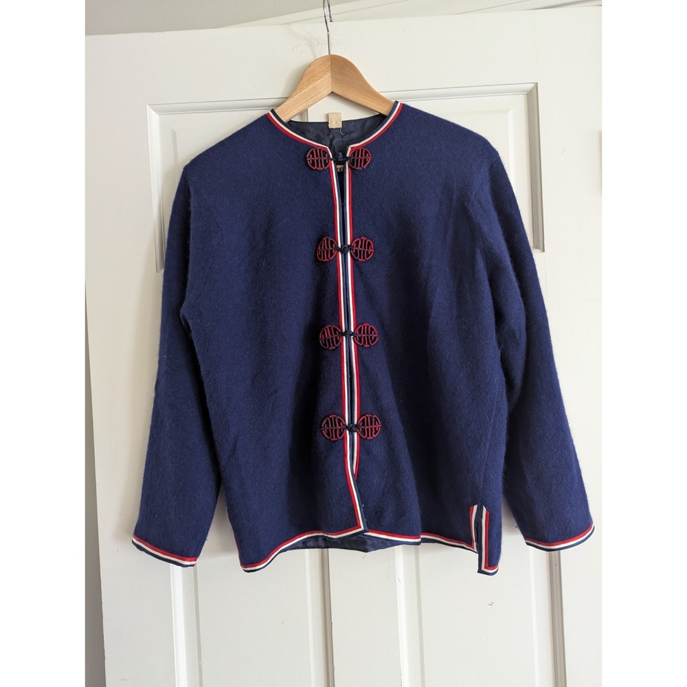 Vintage Frog Tog Womens Cardigan Sweater 40 (M) Blue Angora Wool 60s 50s Asian